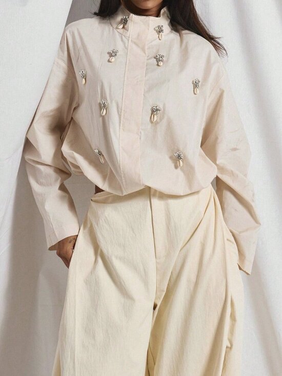 Tops - Khaki Elegant Women's High Neck Zip Shirt with Crystal Embellishments